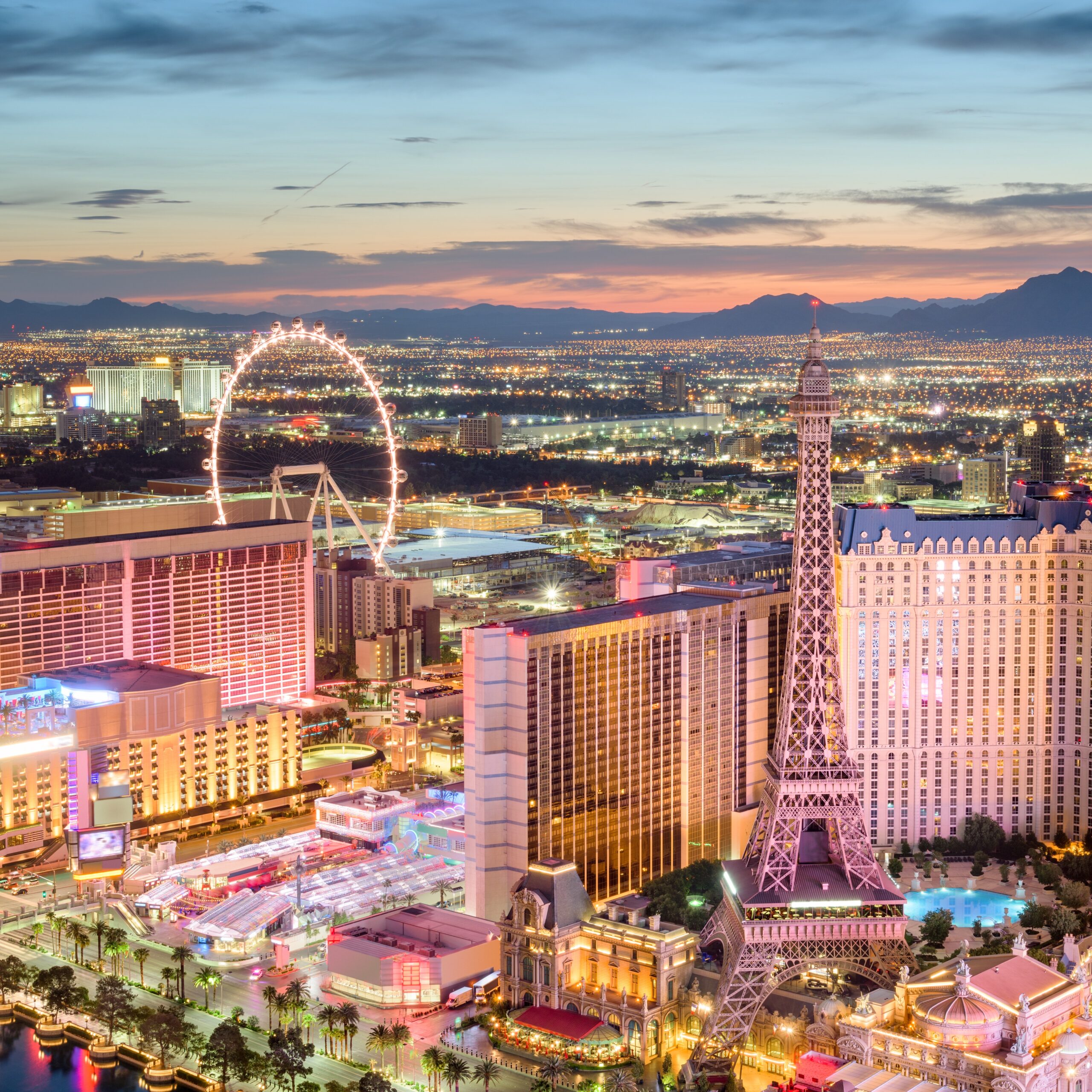 Las Vegas, Nevada, USA skyline over the strip at dusk.